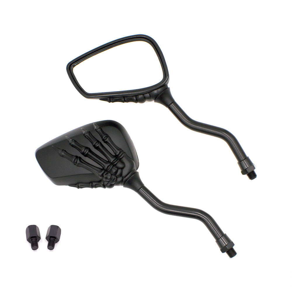 2Pcs Motorcycle Universal Black Rear View Mirrors Skeleton Bone Hand 8mm 10mm
