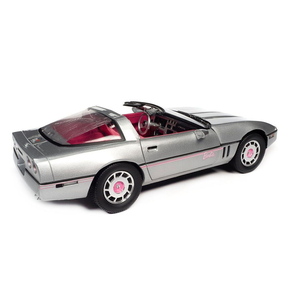 Auto World 1:18 Scale Barbie 1986 Chevy Corvette Silver Pink Convertible Diecast Car