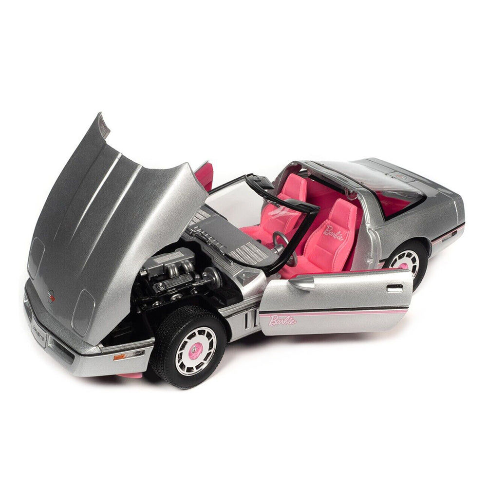 Auto World 1:18 Scale Barbie 1986 Chevy Corvette Silver Pink Convertible Diecast Car
