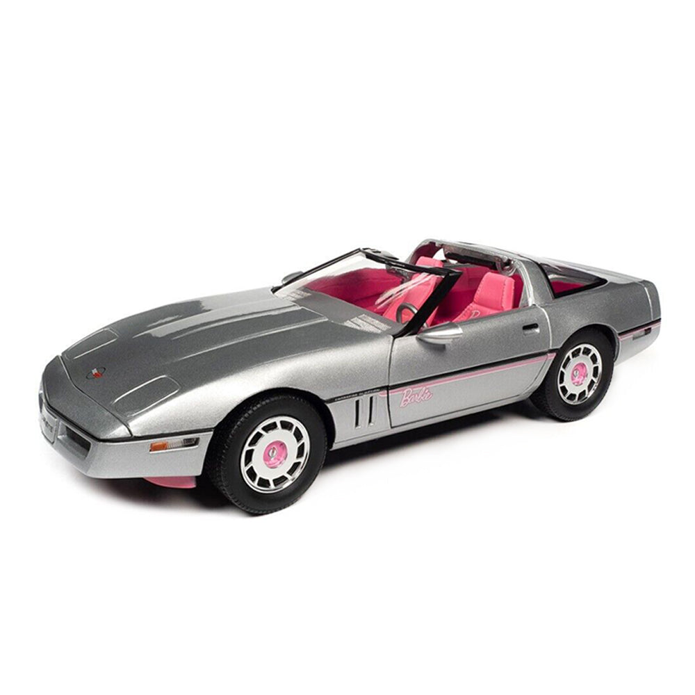 Auto World 1:18 Scale Barbie 1986 Chevy Corvette Silver Pink Convertible Diecast Car