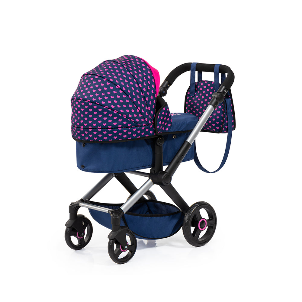 Bayer Doll Pram Foldable Xeo Compact For 52cm Dolls Dark Blue With Pink Hearts