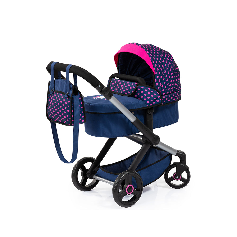 Bayer Doll Pram Foldable Xeo Compact For 52cm Dolls Dark Blue With Pink Hearts