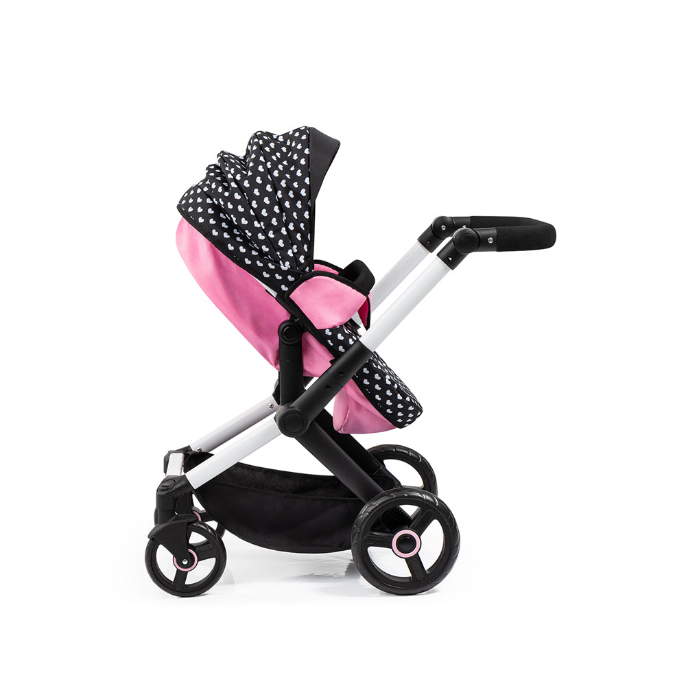 Bayer Doll Pram Xeo Compact For 52cm Dolls Pink With White Hearts & Pink Bow