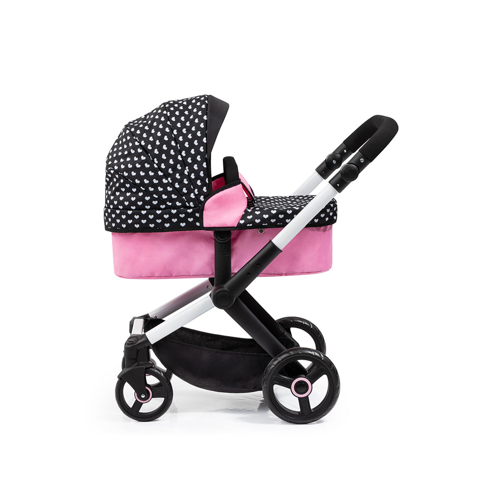 Bayer Doll Pram Xeo Compact For 52cm Dolls Pink With White Hearts & Pink Bow