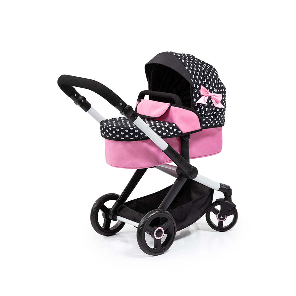 Bayer Doll Pram Xeo Compact For 52cm Dolls Pink With White Hearts & Pink Bow