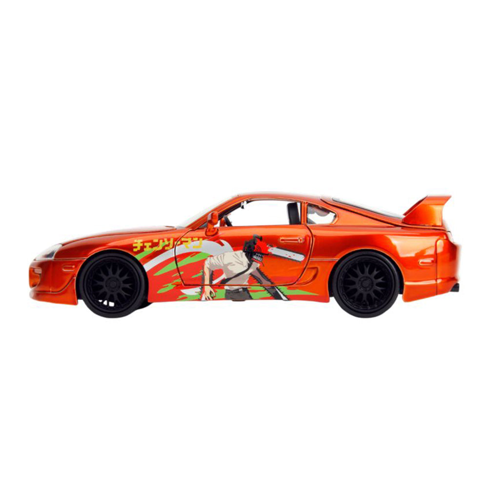 Jada 1:24 Scale Chainsaw Man 1995 Toyota Supra With Figure Orange Car Model