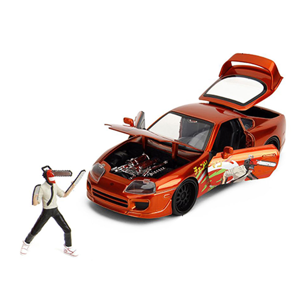 Jada 1:24 Scale Chainsaw Man 1995 Toyota Supra With Figure Orange Car Model