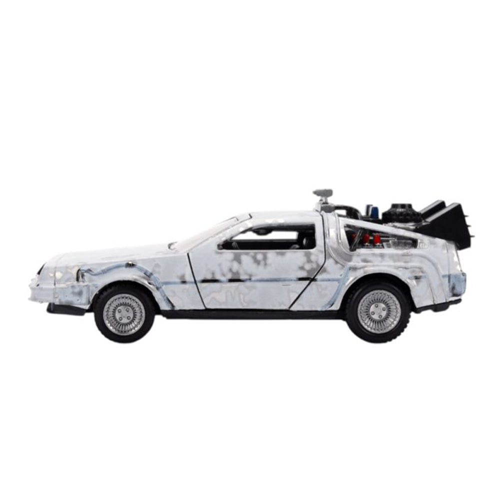Jada 1:32 Scale Back To The Future Delorean Frost Version With Truck Box Diecast Model