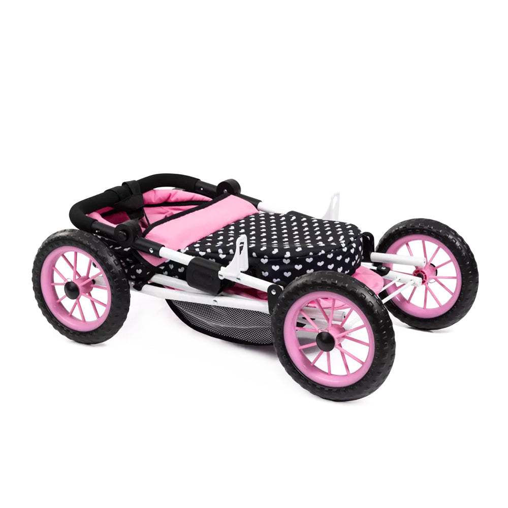 Bayer Trendy Doll Pram Foldable Pink With Black Hood & Pink Bow For 46cm Dolls