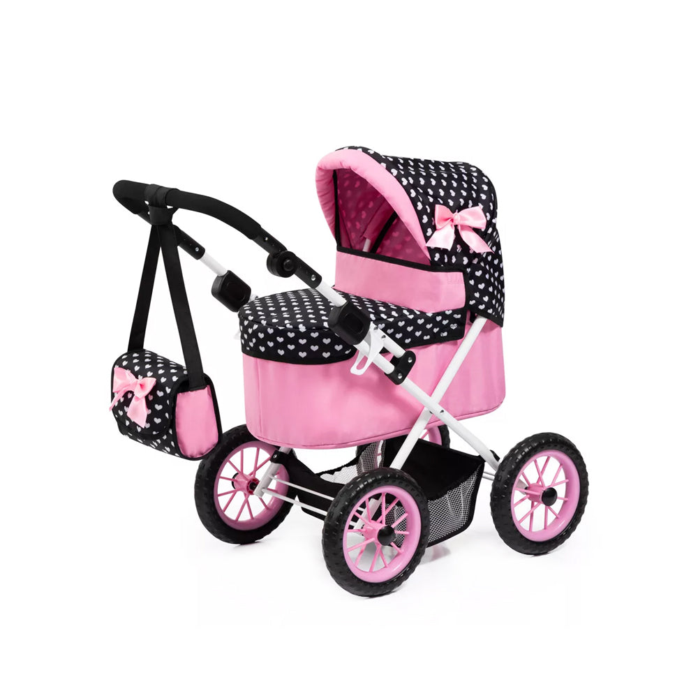 Bayer Trendy Doll Pram Foldable Pink With Black Hood & Pink Bow For 46cm Dolls