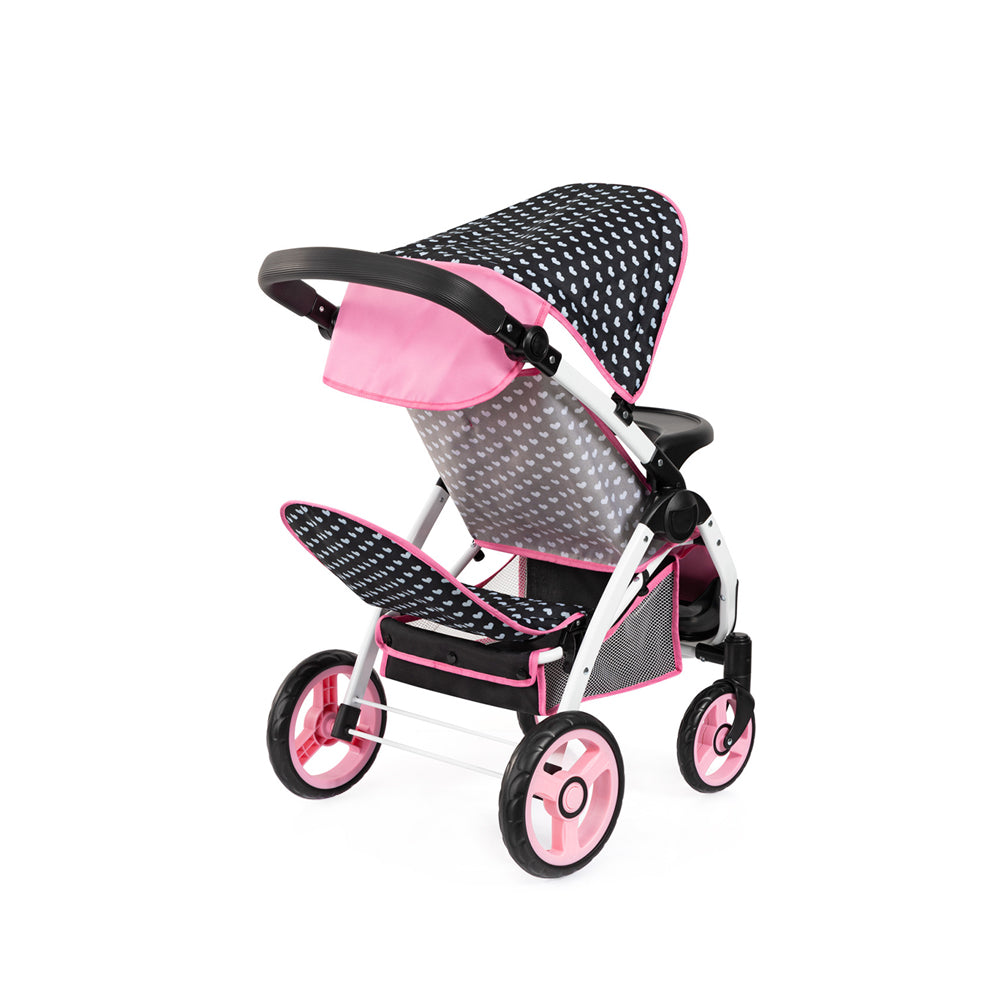 Bayer Twin Star Doll Pram Foldable Pink & Black With Pink Bow For 46cm Dolls