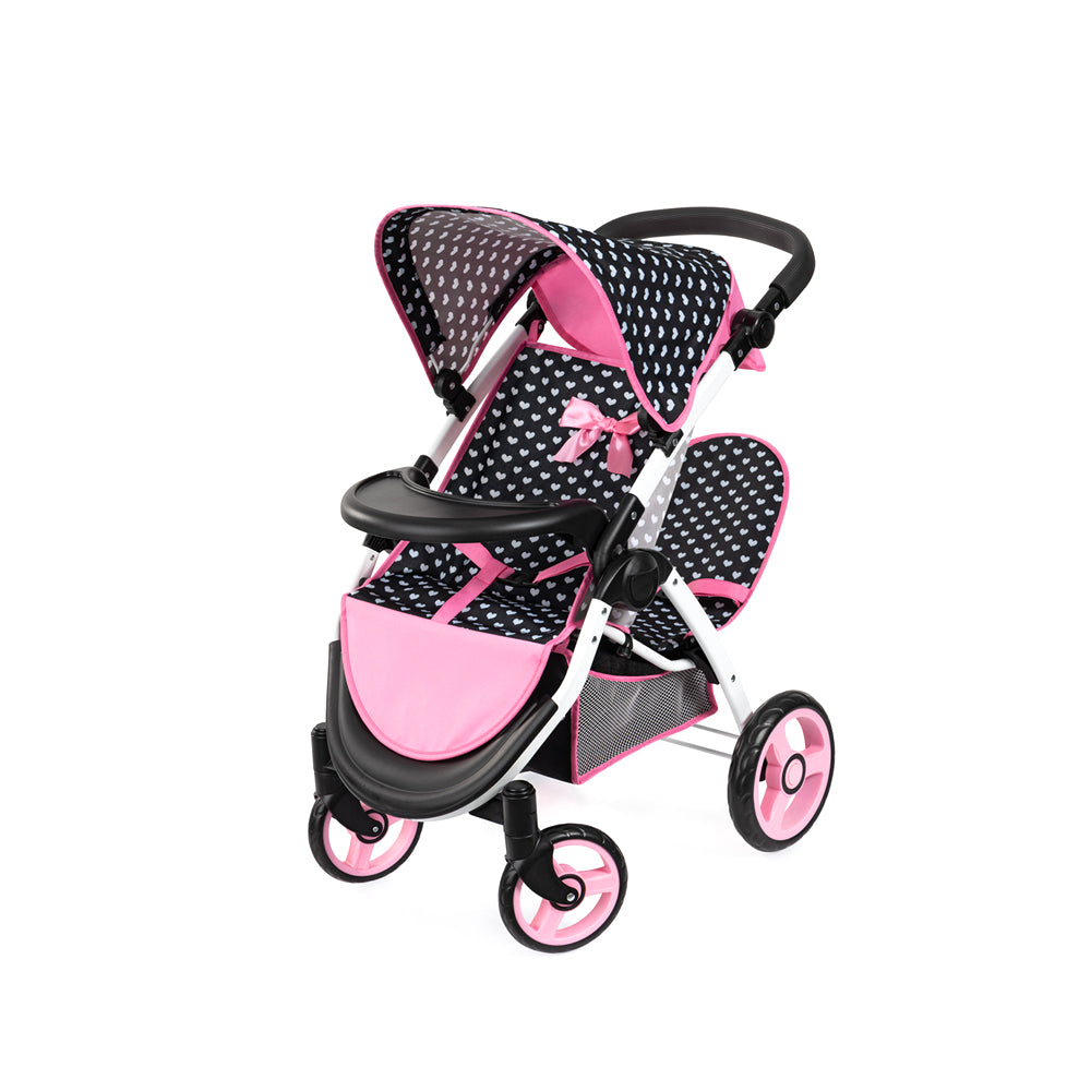 Bayer Twin Star Doll Pram Foldable Pink & Black With Pink Bow For 46cm Dolls