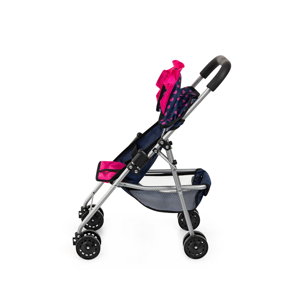 Bayer Buggy Doll Pram Foldable Dark Blue With Pink Heats & Unicorn For 46cm Doll