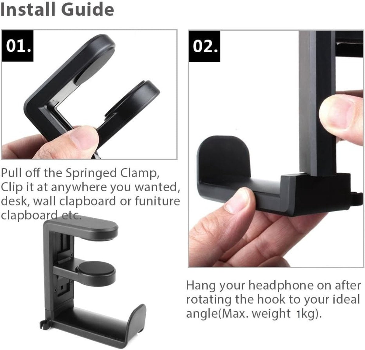 Headset Stand - Headset Holder - Rotating Headset Stand - Gaming Headset Stand - With 360-Degree Rotation and Cable Clip Organizer - Adjustable Clamp Mount Under Desk - Black