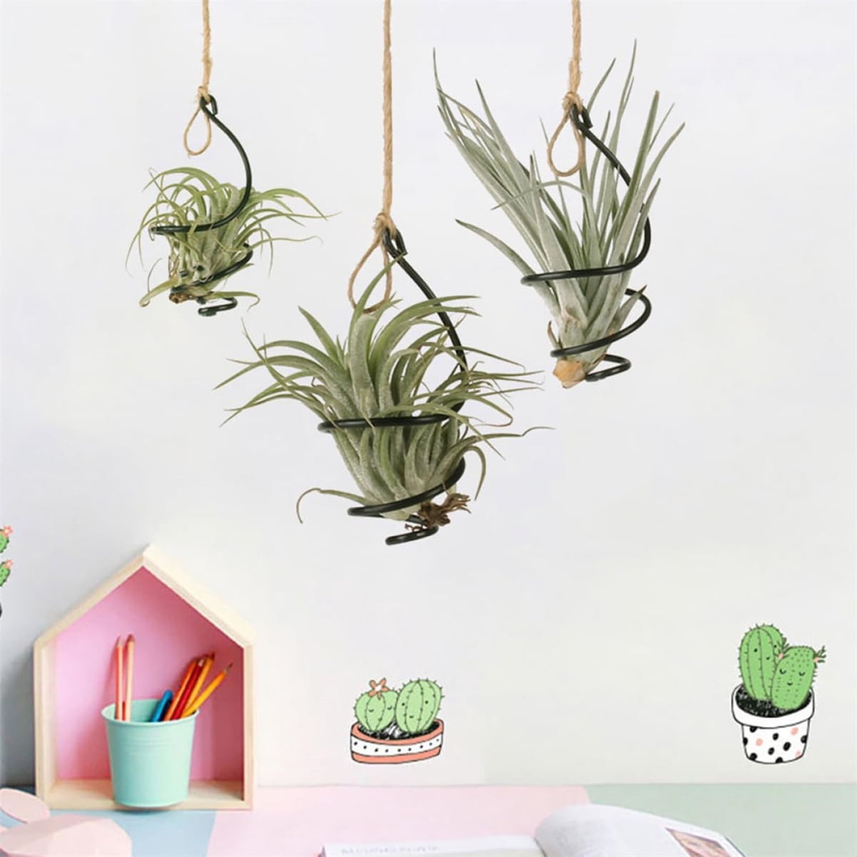 Tutuviw 6 Pcs Air Pineapple Pot Air Plant Hanger Holder,Plant Stands Hanging with Jute Ropes,Modern Plants Hanger Wall Metal Air Plants Stand,Air Plants Hook Air Shelf (Black Aluminum)