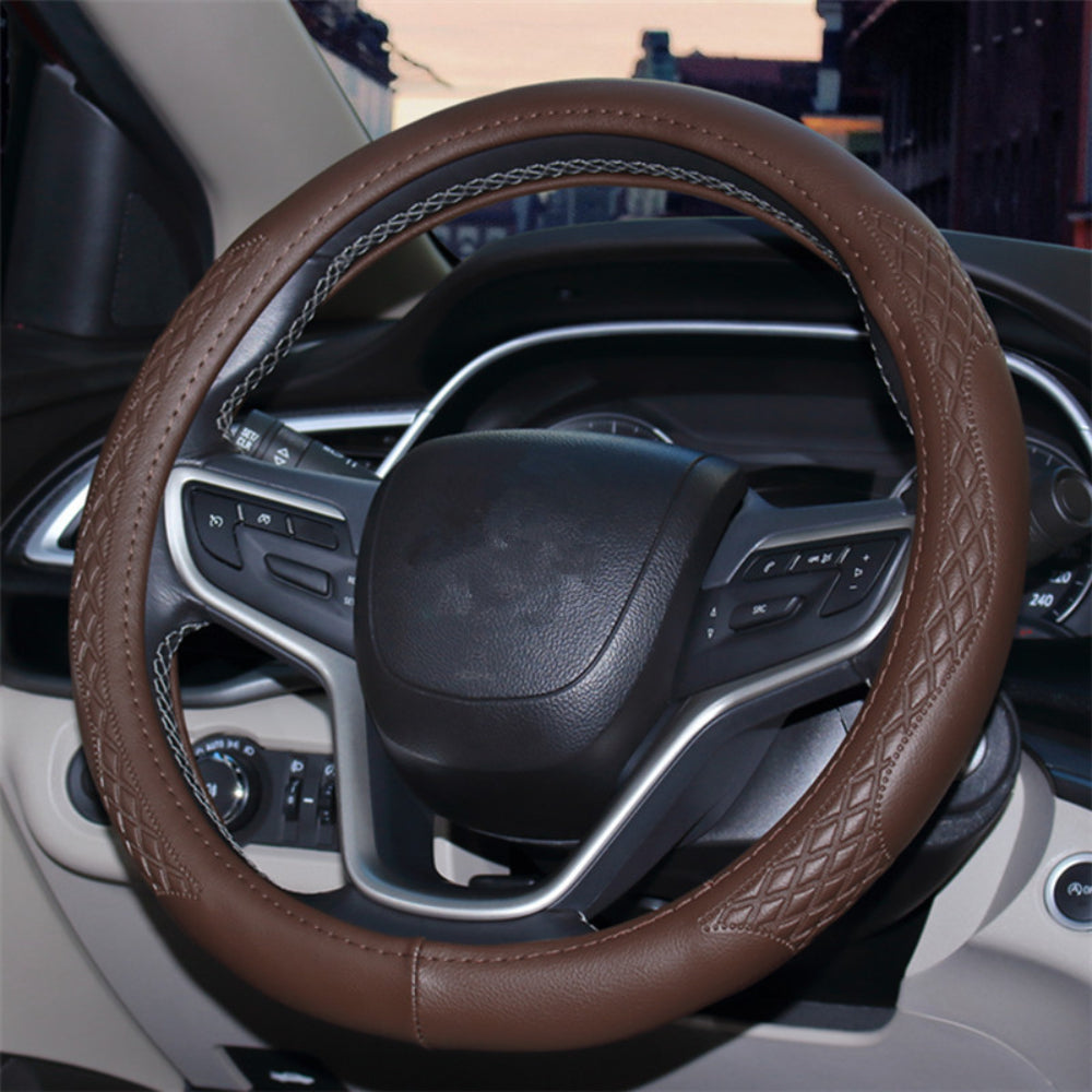 Universal Luxury Steering Wheel Cover 37-38cm All-Season Non-Slip Fits Most Cars (Brown)