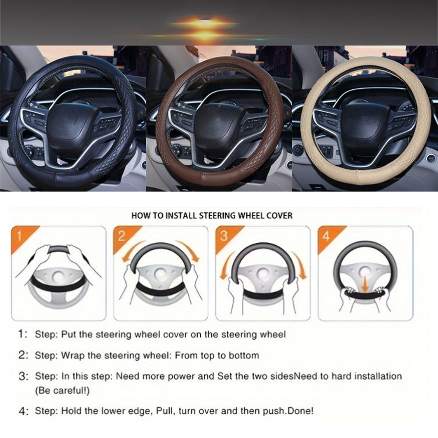 Universal Luxury Steering Wheel Cover 37-38cm All-Season Non-Slip Fits Most Cars (Beige)