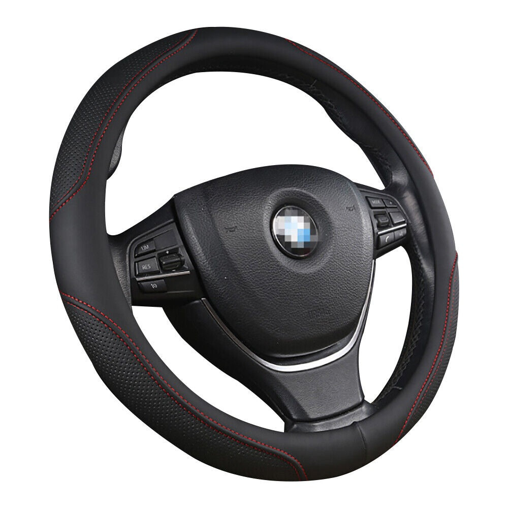 Universal Luxury Car 37-38cm Steering Wheel Cover PU Leather Non-slip Breathable (Black-red)