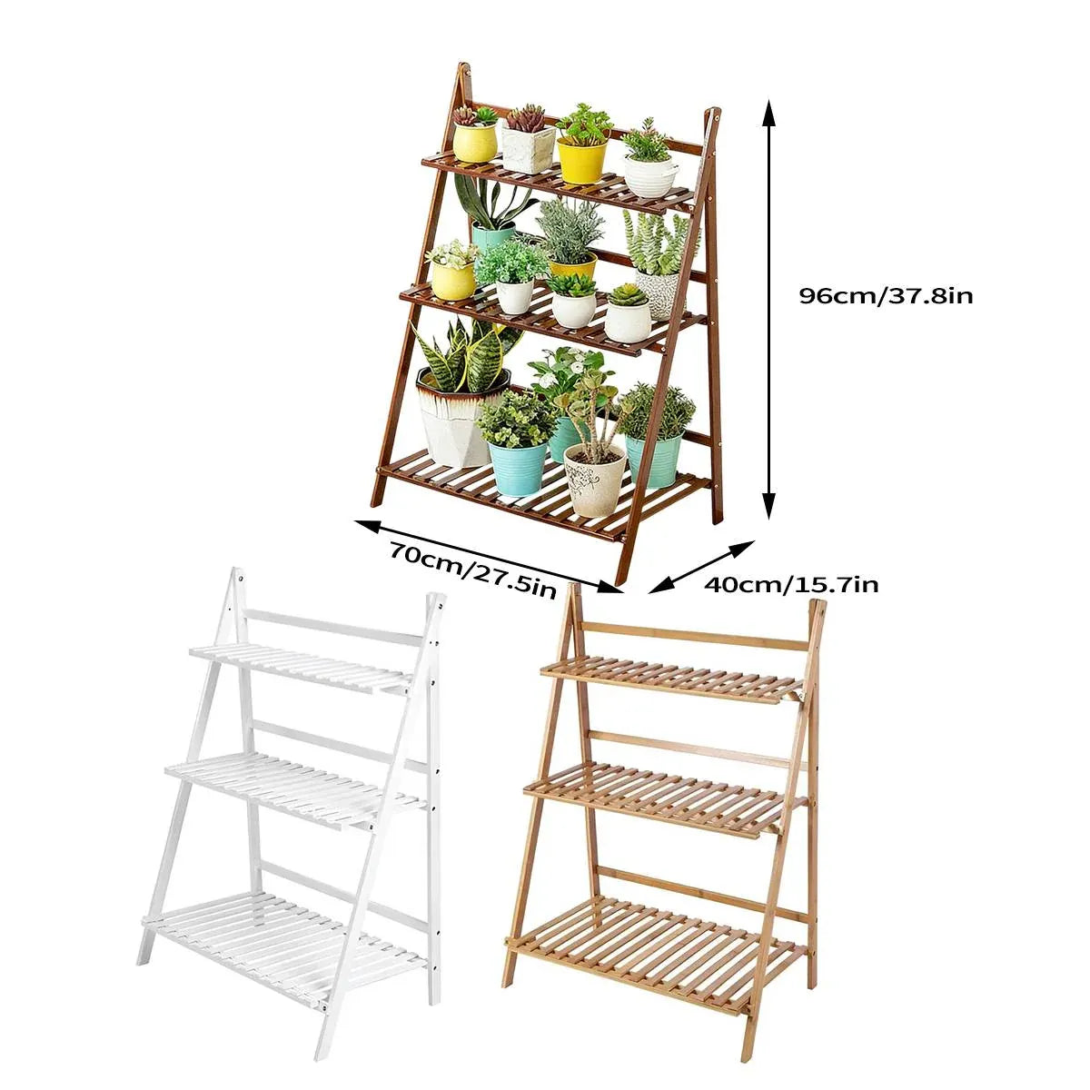 Balcony Plant Stand 3-Layer Wooden Flower Pot Corner Stand White Log Foldable - White