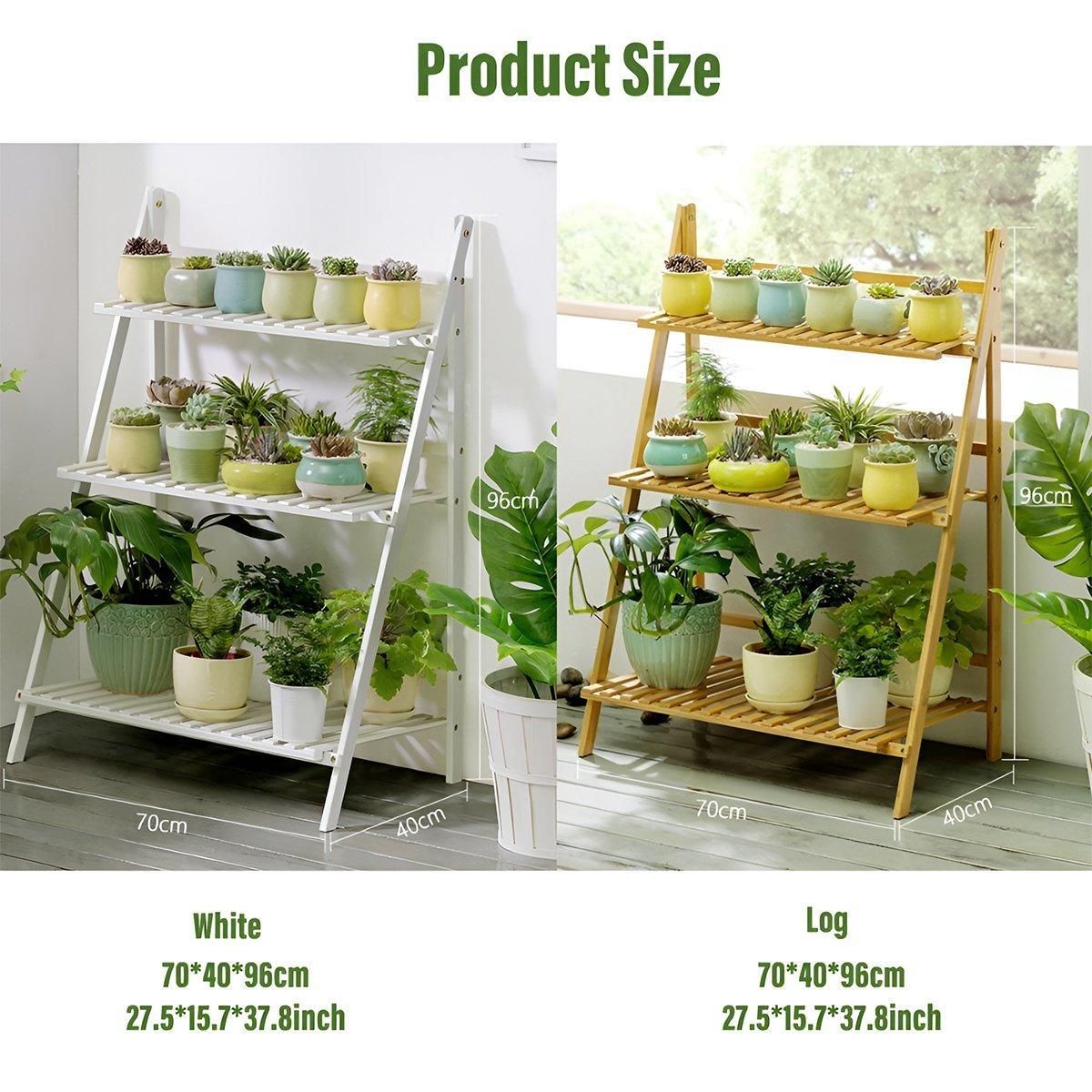 Balcony Plant Stand 3-Layer Wooden Flower Pot Corner Stand White Log Foldable - White
