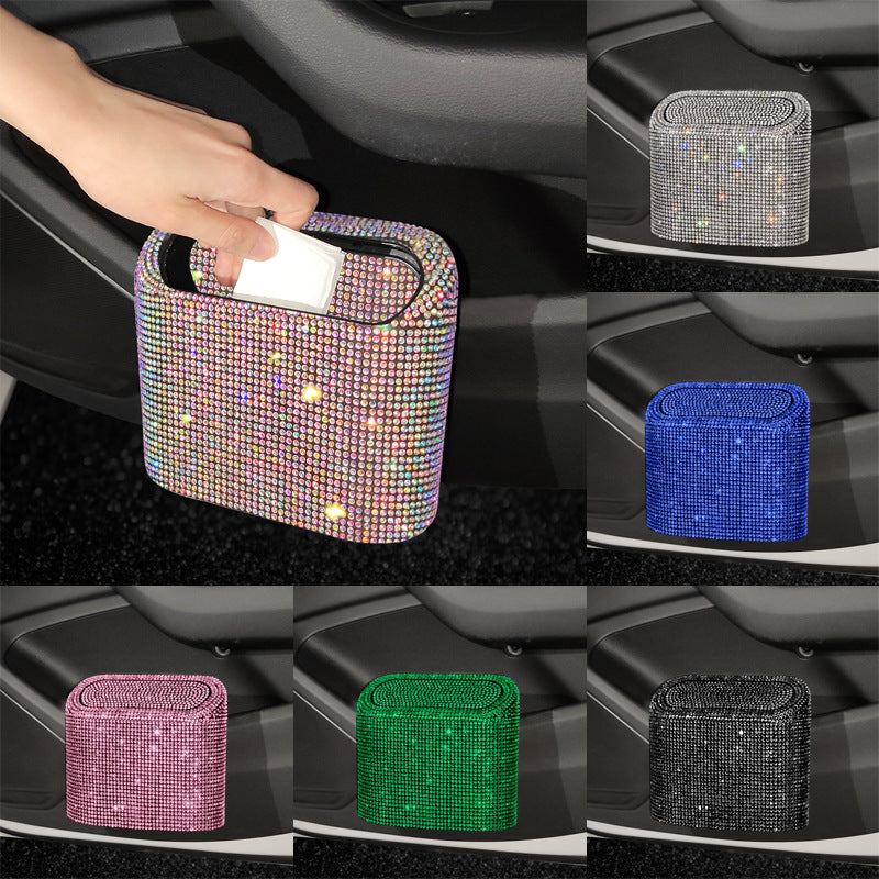 Green Diamond Sparkly Rhinestone Car Trash Can - Diamond Auto Garbage Bin Organizer