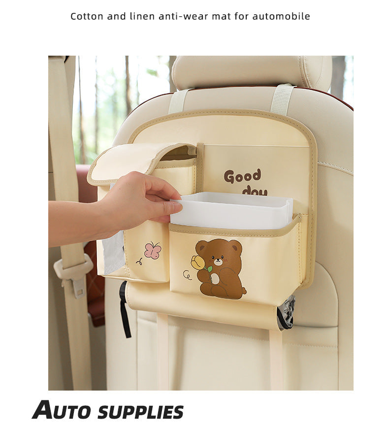 Beige Car Backseat Organizer with Multi-Pocket Storage and PP Trash Bin - 400g Lightweight PU Leather