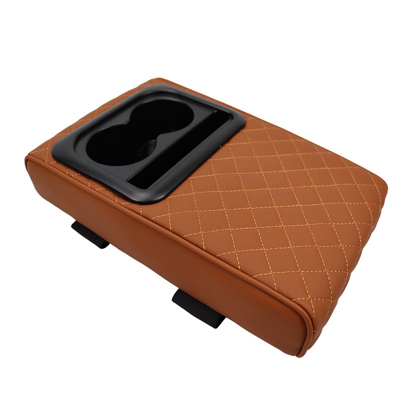Brown Auto Center Console Armrest Riser Pad with Dual Cup Holders - PU Leather