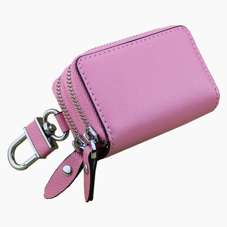 Light Pink Compact Crossgrain Leather Double Zipper Key Case - Stylish Car & Home Key Organizer