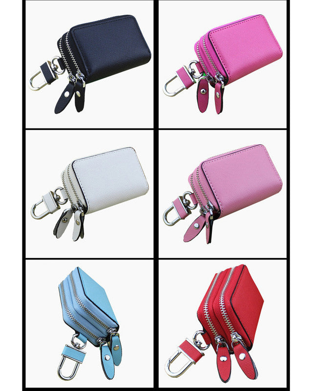 Dark Pink Compact Crossgrain Leather Double Zipper Key Case - Stylish Car & Home Key Organizer