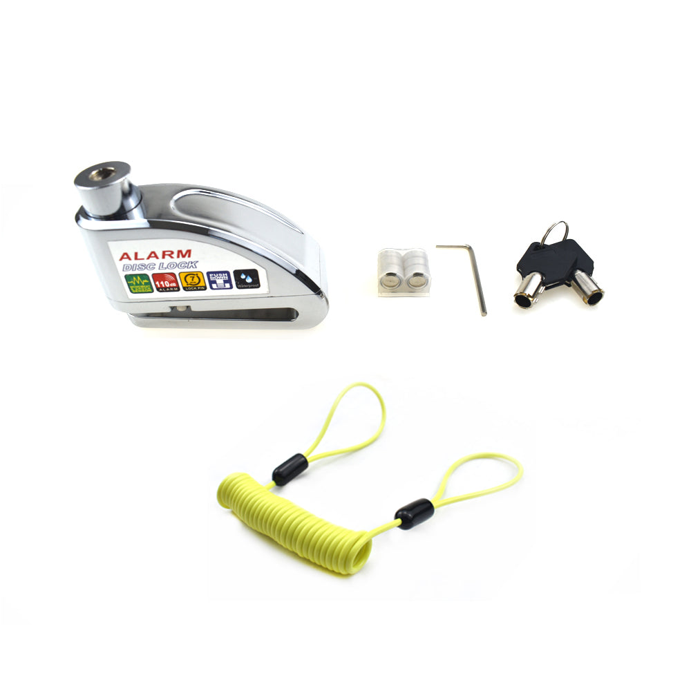 Silvery 110DB Security Alarm Disc Lock+Yellow Remind Cable Motorcycle Bicycle