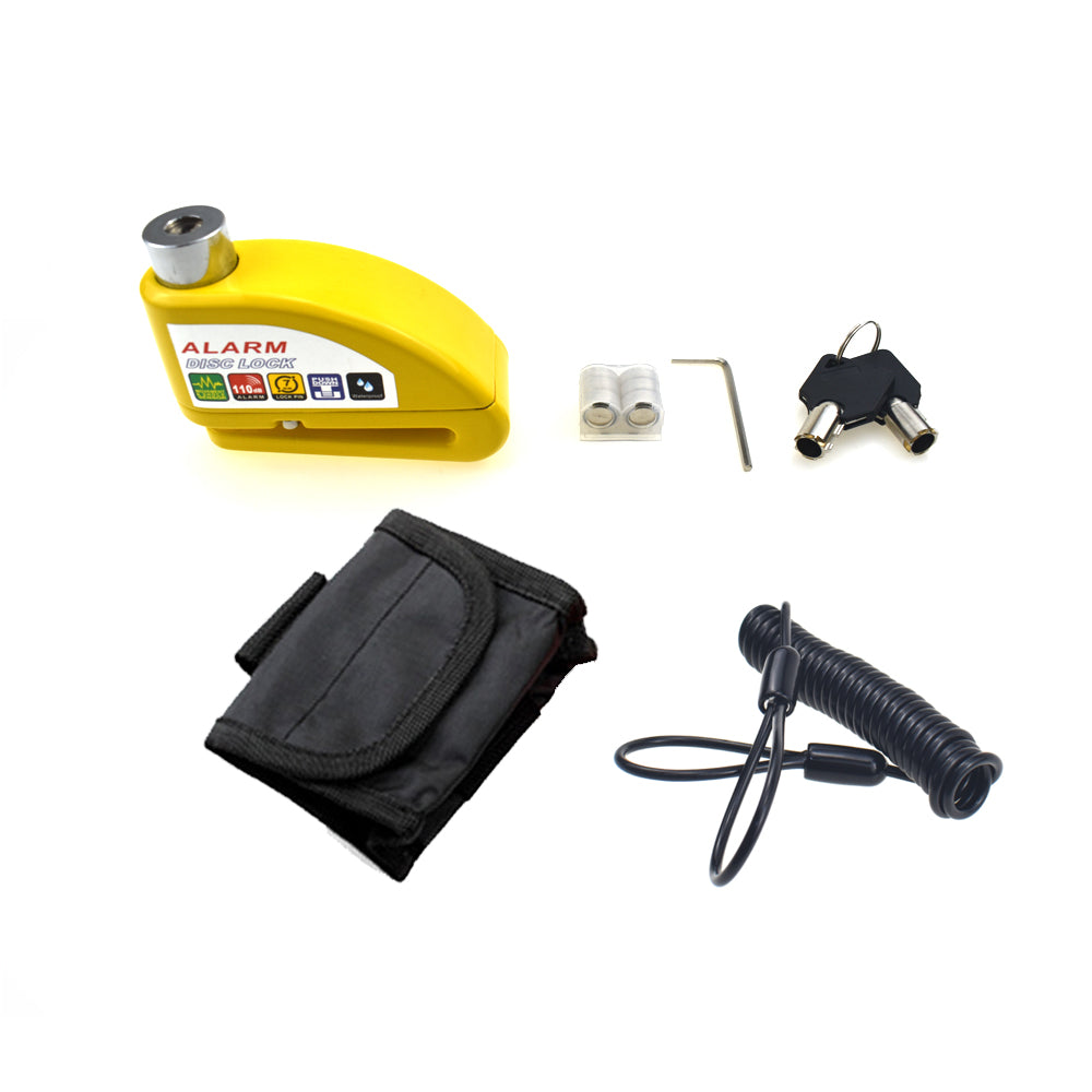Yellow 110DB Security Alarm Disc Lock+Remind Cable+Carrying Pouch For Bicycle
