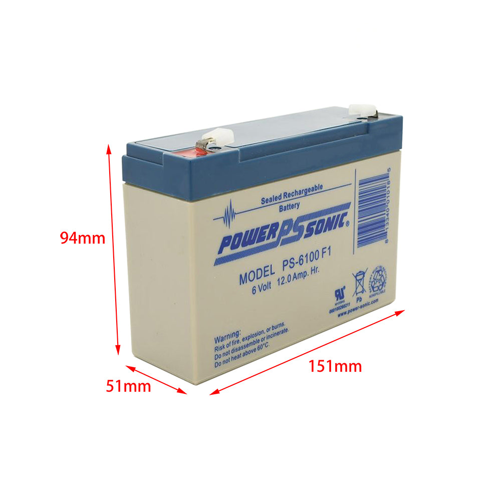 Power Sonic PS-6100 6V 12.0Ah Sealed Lead Acid Rechargeable Battery F1 Terminal