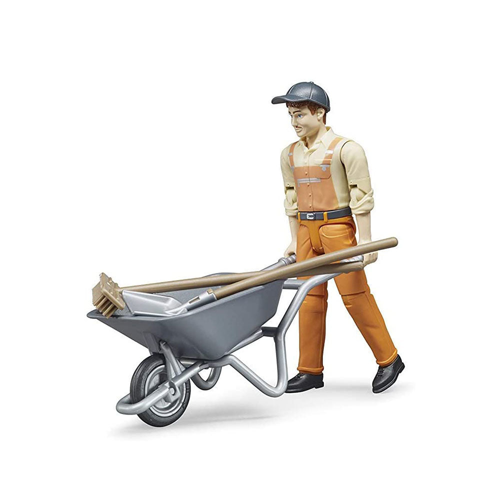 Bruder Licensed 1:16 Scale Bworld Municiple Worker Figure Set With Barrow & Tools