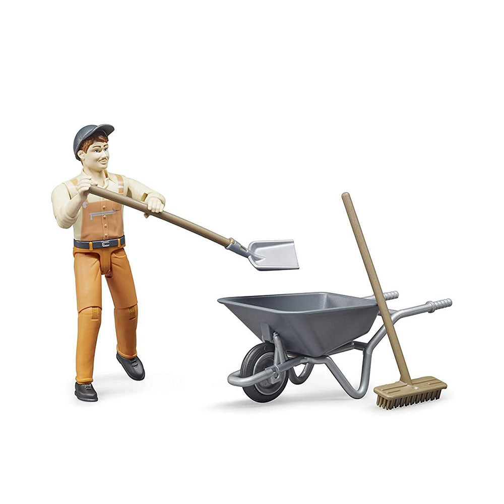 Bruder Licensed 1:16 Scale Bworld Municiple Worker Figure Set With Barrow & Tools