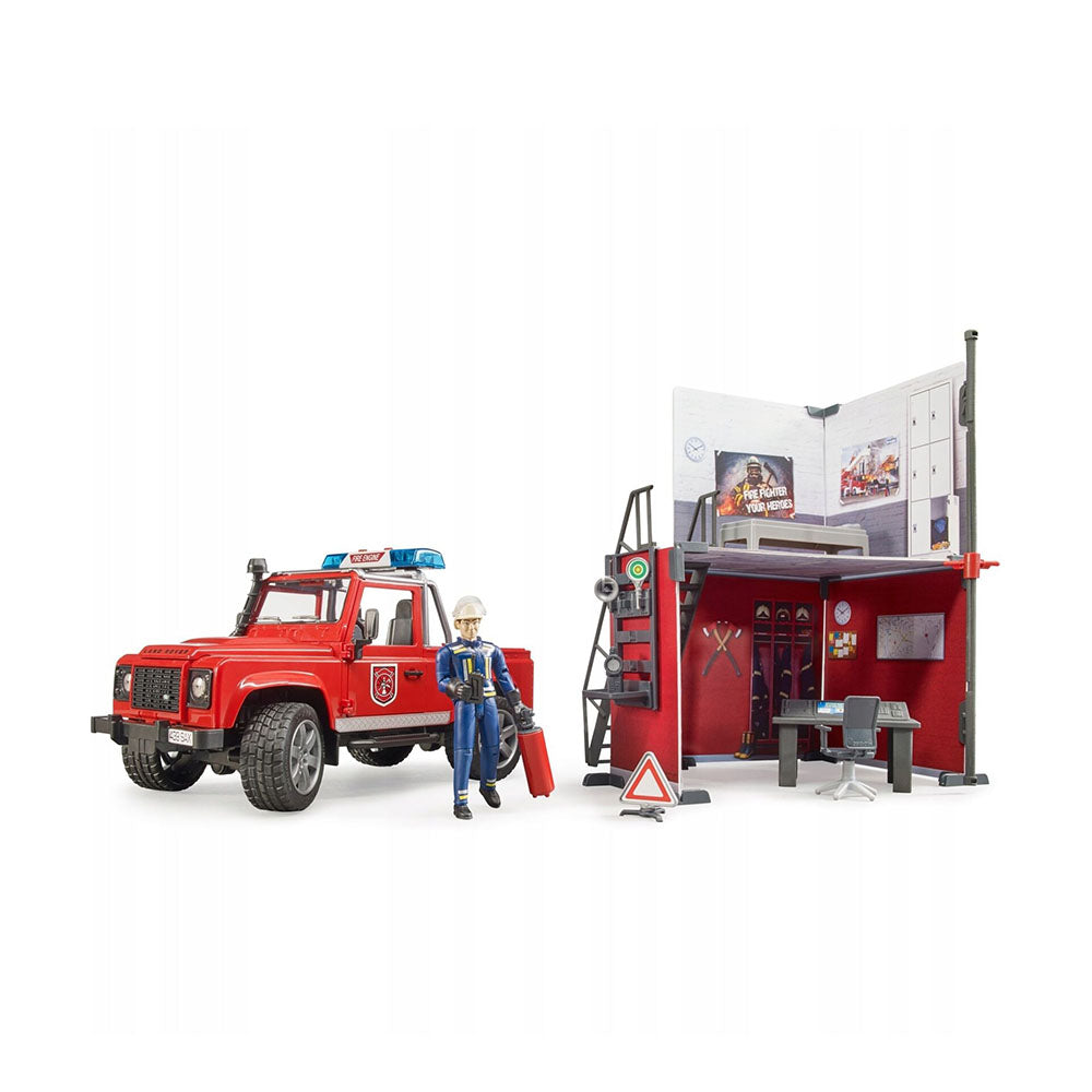 Bruder Licensed 1:16 Scale Bworld Emergency Fire Station With Land Rover Defender Kid Toy
