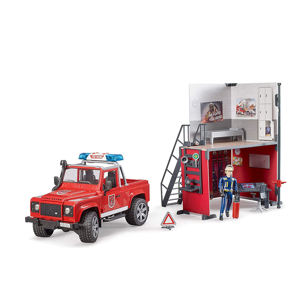 Bruder Licensed 1:16 Scale Bworld Emergency Fire Station With Land Rover Defender Kid Toy