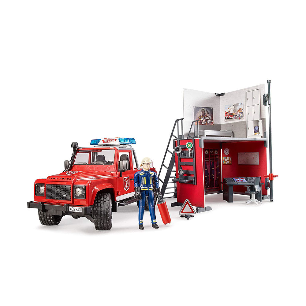 Bruder Licensed 1:16 Scale Bworld Emergency Fire Station With Land Rover Defender Kid Toy