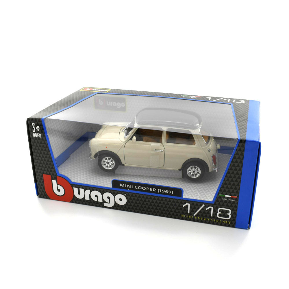 Bburago Licensed 1:18 Scale 1969 Mini Cooper Beige With Black Roof Diecast Model Car