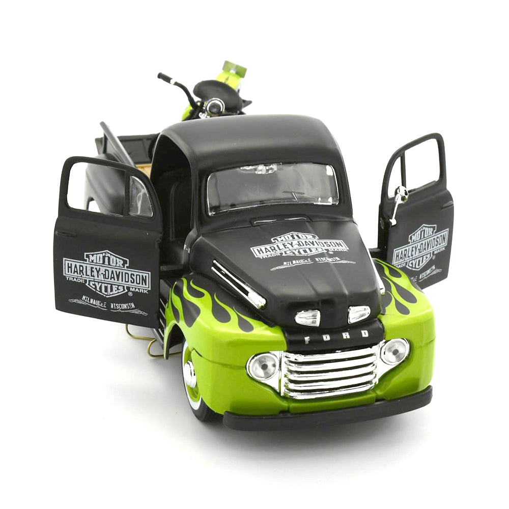 Maisto Licensed 1:24 Scale Harley Davidson Ford 1948 F1 Pickup & FL Panhead Green & Black