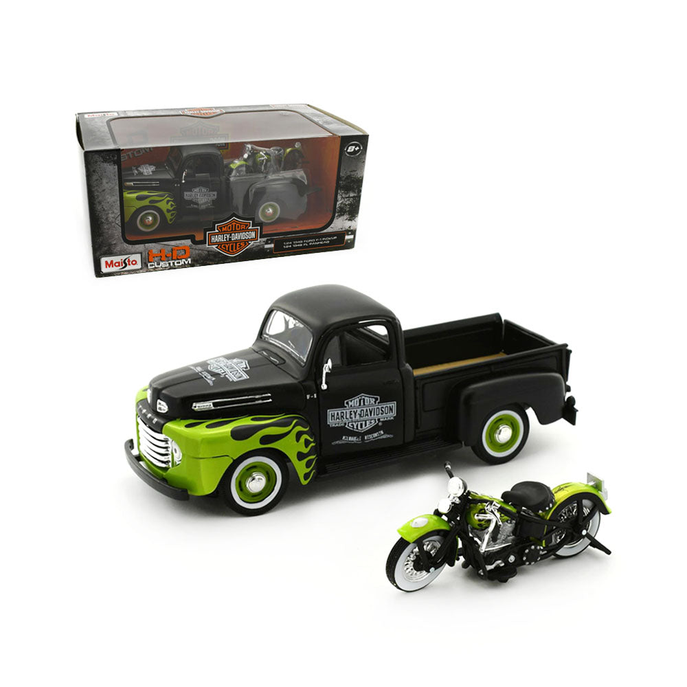 Maisto Licensed 1:24 Scale Harley Davidson Ford 1948 F1 Pickup & FL Panhead Green & Black