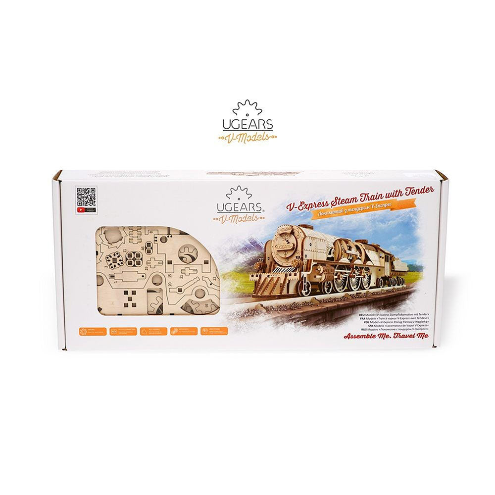 Made in Ukraine UGears Wooden Puzzle V-Express Steam Train With Tender Model Kit