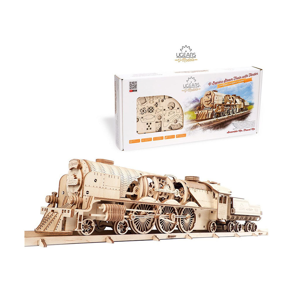 Made in Ukraine UGears Wooden Puzzle V-Express Steam Train With Tender Model Kit