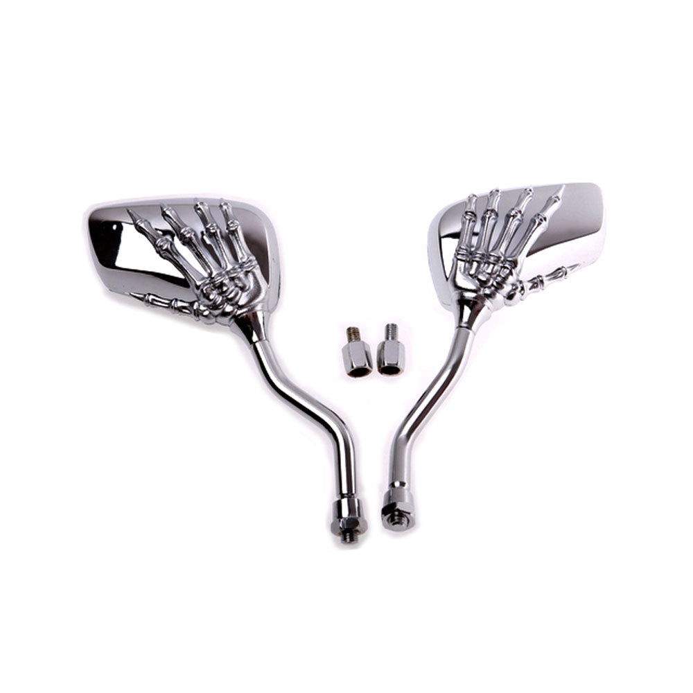 2pcs Motorcycle Universal Chrome Rear View Mirrors Skeleton Bone Hand 8mm 10mm