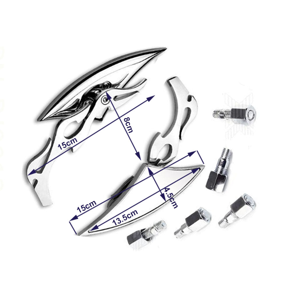Chrome Alloy Motorcycle Side Mirrors Flame Universal 8mm 10mm Thread Adaptors