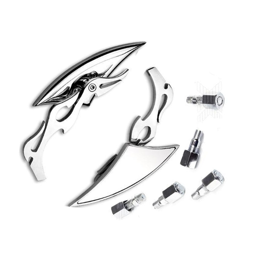 Chrome Alloy Motorcycle Side Mirrors Flame Universal 8mm 10mm Thread Adaptors
