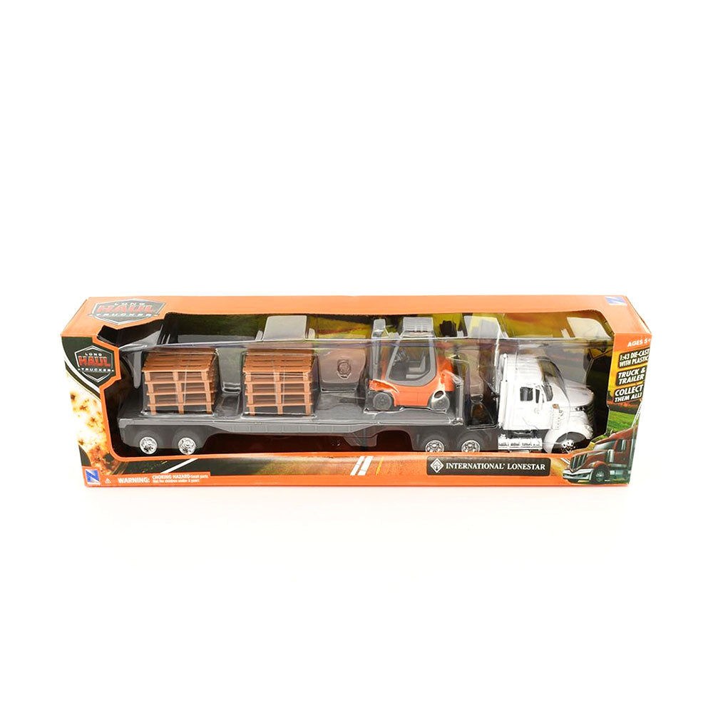 NewRay Licensed 1:43 Scale International Lonestar Flatbed With Forklift & Pallet Diecast Model Truck