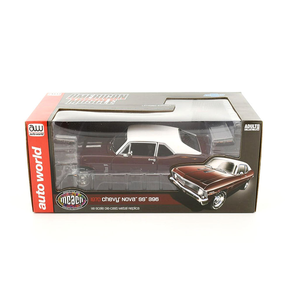 AutoWorld 1:18 Scale Mcacn Chevy Nova SS 396 1970 Diecast Model Car Burgundy