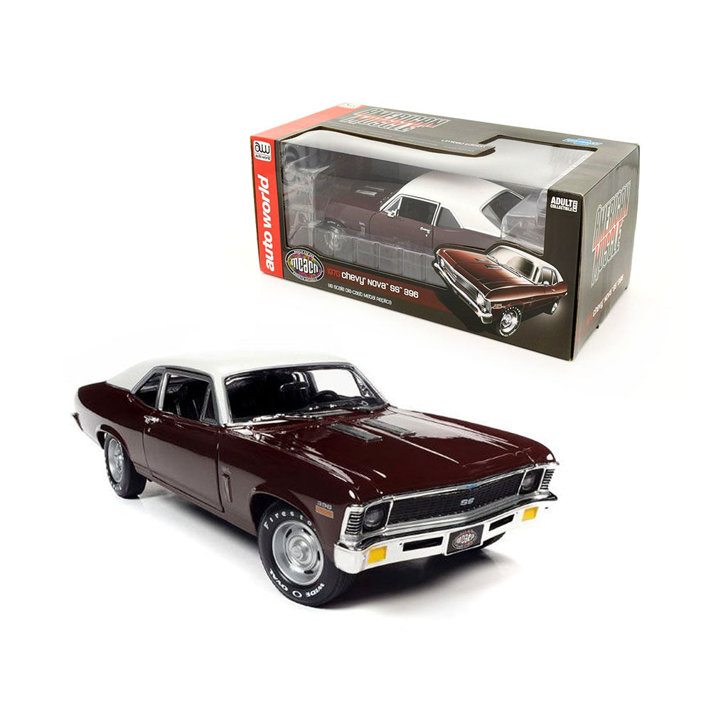 AutoWorld 1:18 Scale Mcacn Chevy Nova SS 396 1970 Diecast Model Car Burgundy