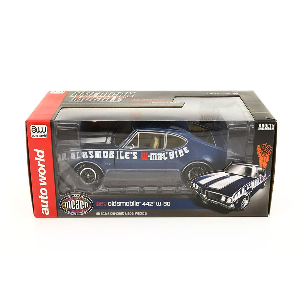 AutoWorld 1:18 Scale Oldsmobile Cutlass 442 Coupe 1969 Dr Oldsmobile'S W-Machine Diecast Model Car Blue White