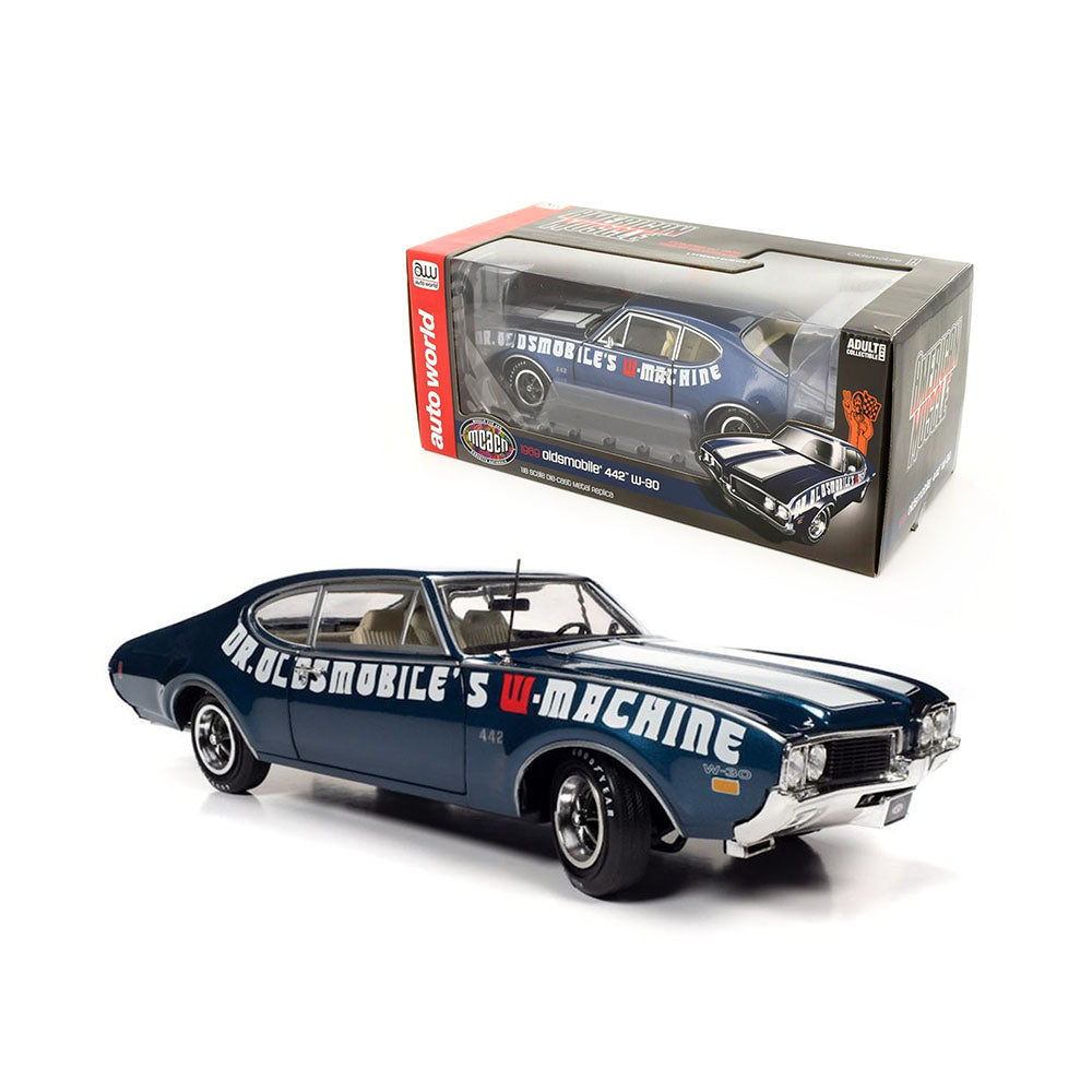 AutoWorld 1:18 Scale Oldsmobile Cutlass 442 Coupe 1969 Dr Oldsmobile'S W-Machine Diecast Model Car Blue White